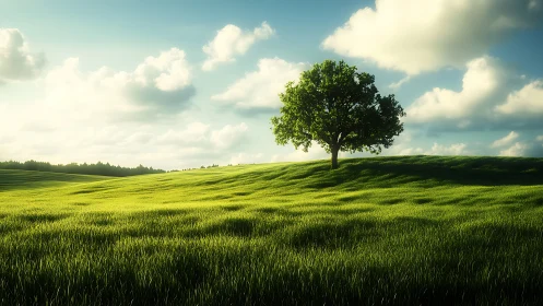 Solitary green tree on sunlit grassy hill under clouds.