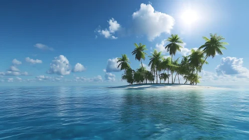 Tropical Island Paradise with Palm Trees Beneath Bright Blue Sky