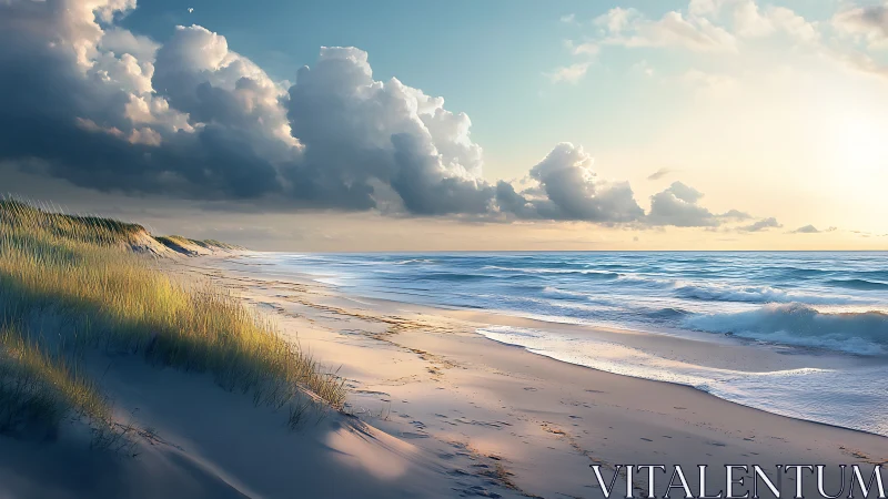 Sunlit coastal shoreline with dunes, waves and cloud cover