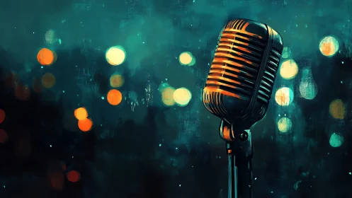 Vintage microphone glows softly against dreamy bokeh lights.