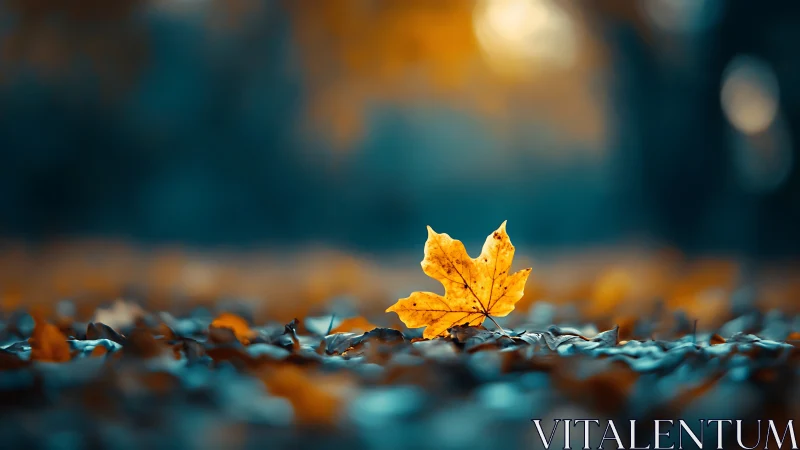 Single golden leaf glows softly against a dreamy teal blur