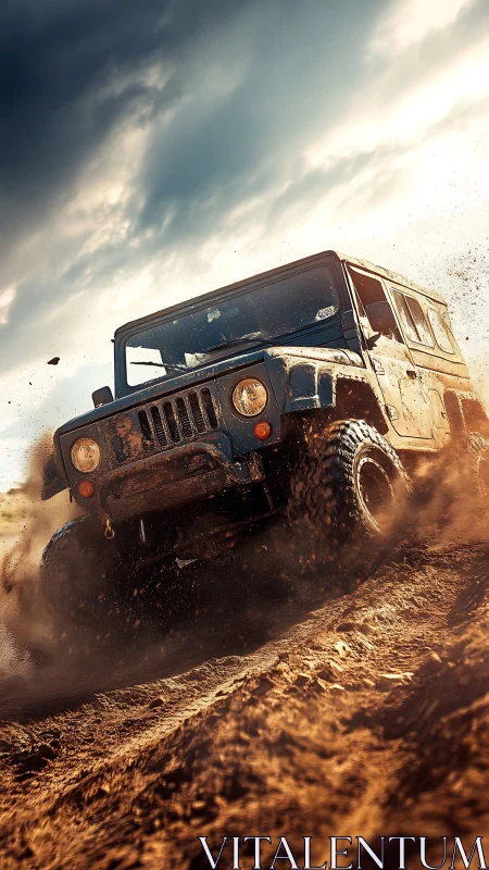 Off-road utility vehicle driving through wet dirt terrain.