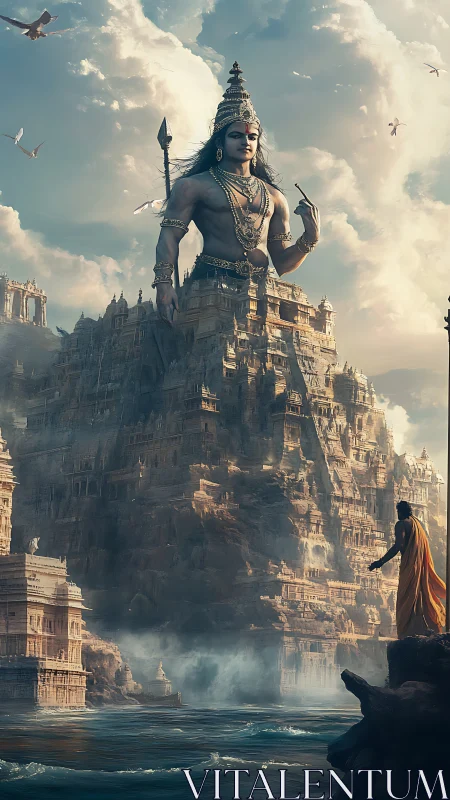 Colossal warrior deity emerges from ornate cliffside temple
