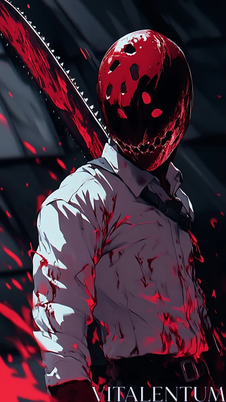 Masked killer raises bloodstained chainsaw in sharp contrast.