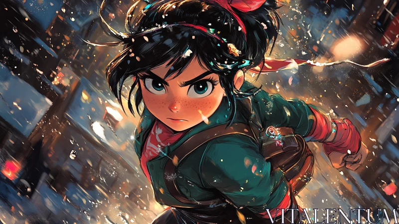 Storm-eyed street rogue racing through ember bright snowfall.