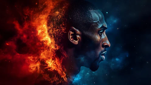 Digital painting split-portrait with elemental fire and void balance.