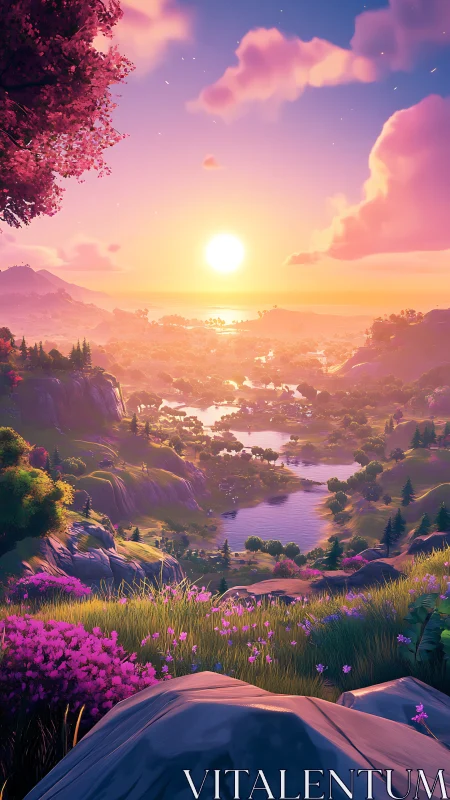 Vibrant valley sunset over lakes and rolling hills.