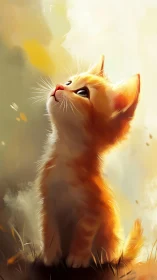 Golden kitten gazes upward in radiant, dreamy light.
