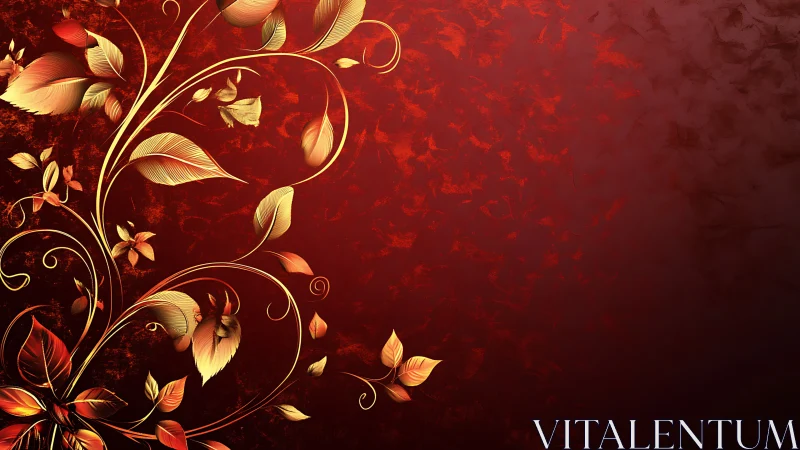 Gold floral vine on deep red textured gradient background.