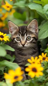 Tabby Kitten with Bicolor Eyes in Natural Garden Setting