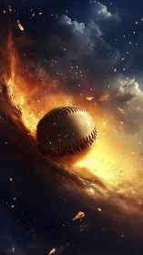 Baseball streaking through fiery sky with dramatic sparks.