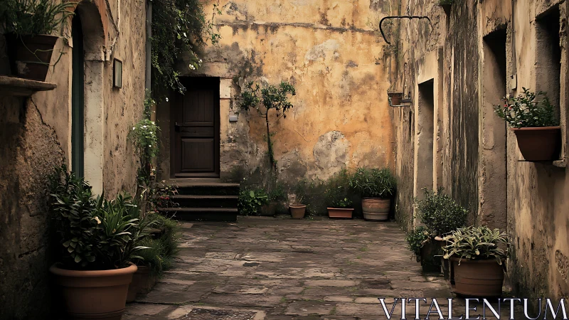 Rustic courtyard with weathered walls and potted plants.
