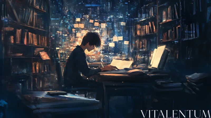 Solitary scholar in midnight library of glowing city.