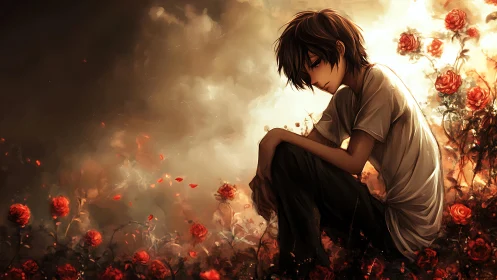 Melancholic youth in backlit rose field, high-contrast anime study.