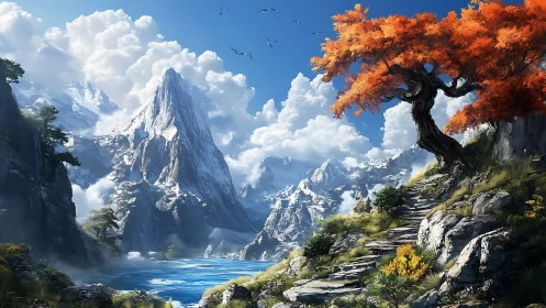 Snowy mountain lake with vivid orange tree in foreground.