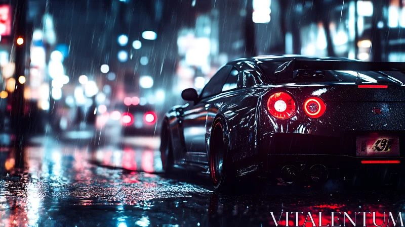 Neon-soaked sports coupe under dynamic nocturnal rainfall.