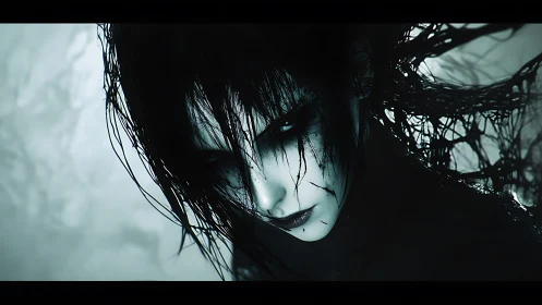 Ink-veiled wraith girl staring through tattered midnight strands.