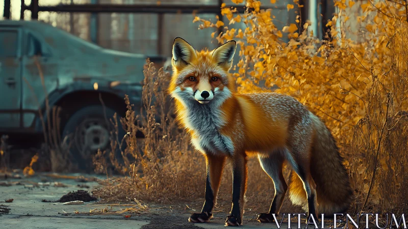 Red fox stands alert beside abandoned vehicle in weeds