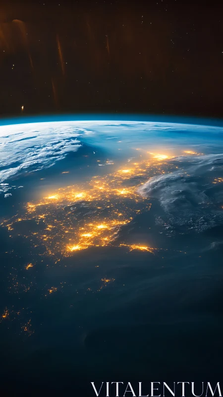 Earth night horizon reveals glowing city grid under stars