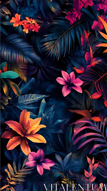 Tropical Flowers Bloom Against Deep Blue Foliage