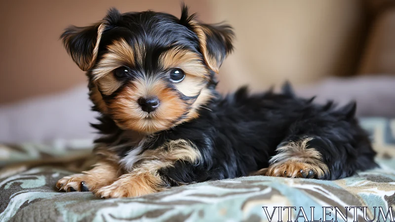 Small black and tan puppy lies on patterned fabric surface