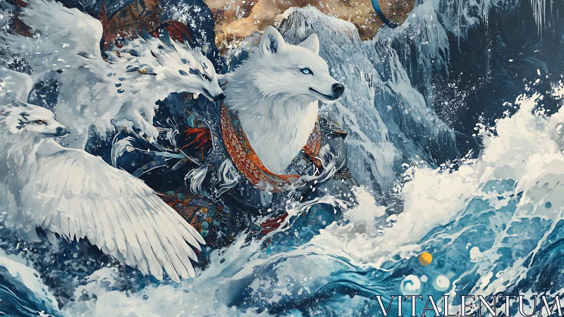 Mythic white wolf guardian leading spectral birds through surf