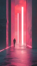 Neon monolith corridor where lone figures chase electric dawn.
