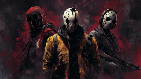 Masked urban hunters stand in blood‑red abstract haze