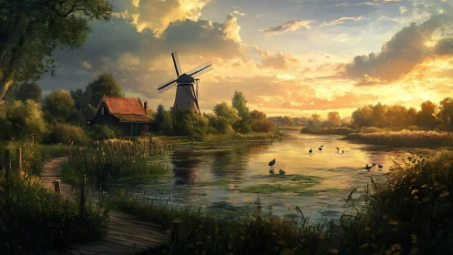 Golden hour windmill beside tranquil reflective riverbank.
