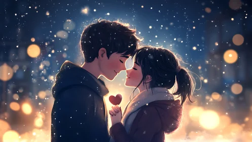 Winter city romance with glowing bokeh and tender embrace.
