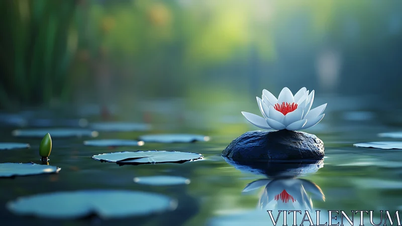 High-depth 3D render of white water lily on wet reflective stone