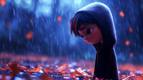 Rain-soaked child adrift in neon autumn gloom of memory.