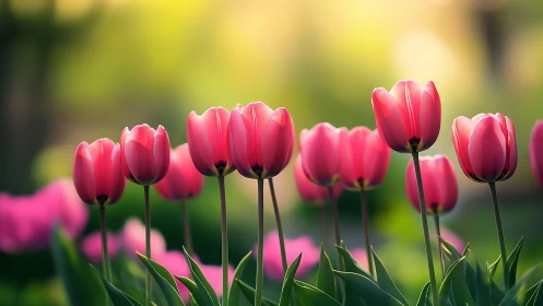 Sunlit pink tulips gently welcoming a soft spring morning.