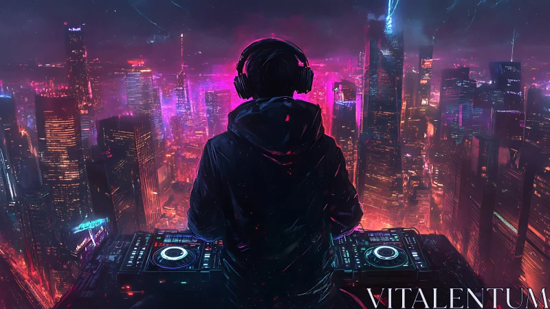 Neon skyline DJ conducting midnight beats above megacity.