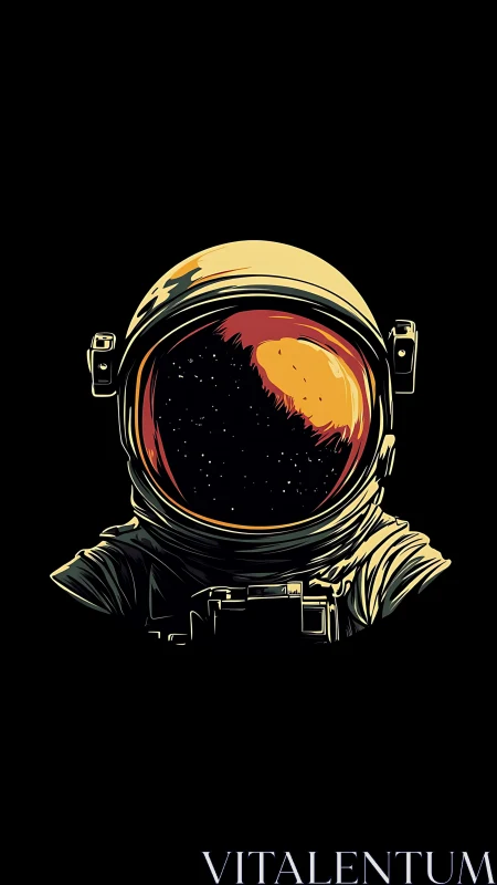 Astronaut helmet illustration with cosmic reflection inside.