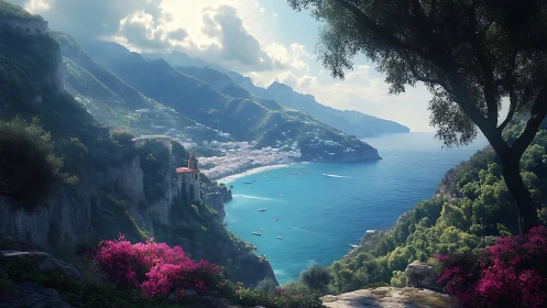 Mediterranean coastal town viewed from lush cliffside.