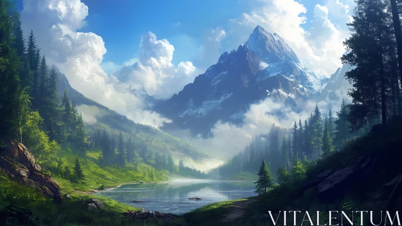 Digital alpine landscape depicts lake, forest, and clouded peak