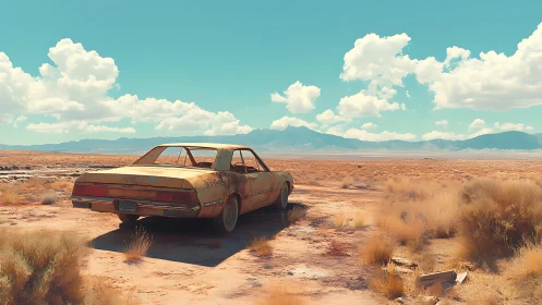 Rusting sedan rests beneath vast desert sky and clouds