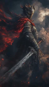 Armored dark knight with flaming red cape stands poised.