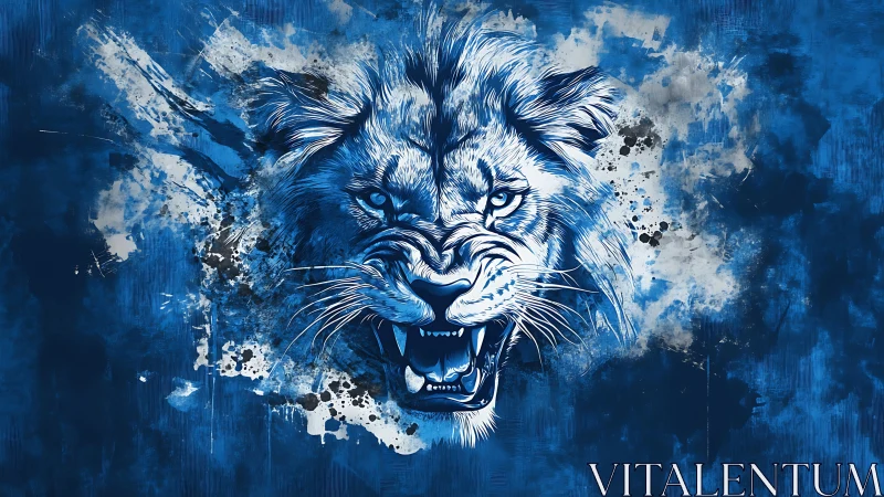 Inkstorm lion erupts from midnight blue cosmic spray