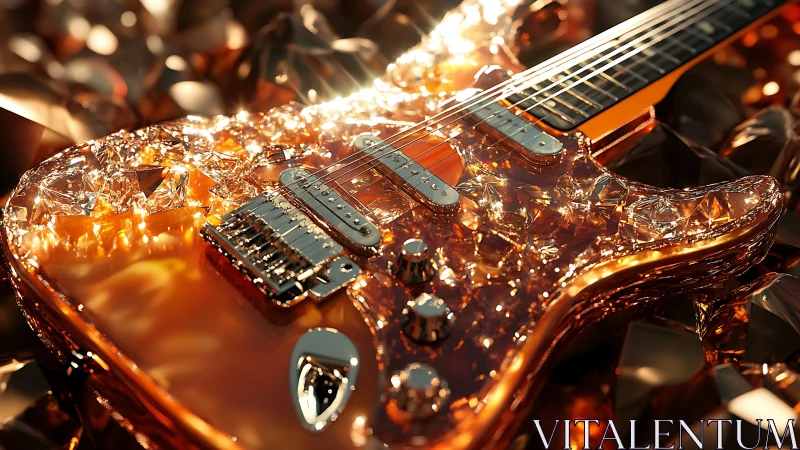 Crystal-body electric guitar under cinematic golden lighting.