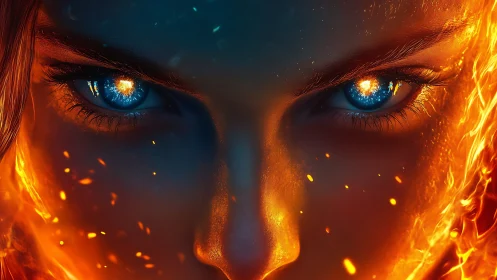Elemental gaze with intense blue eyes and molten fire glow.