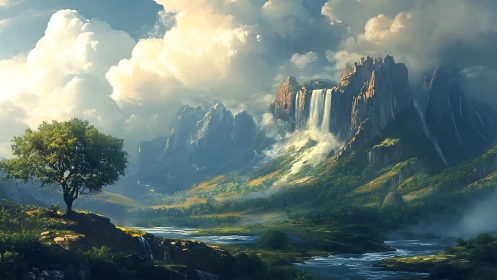 Luminous valley landscape with stratified cliffs and waterfalls