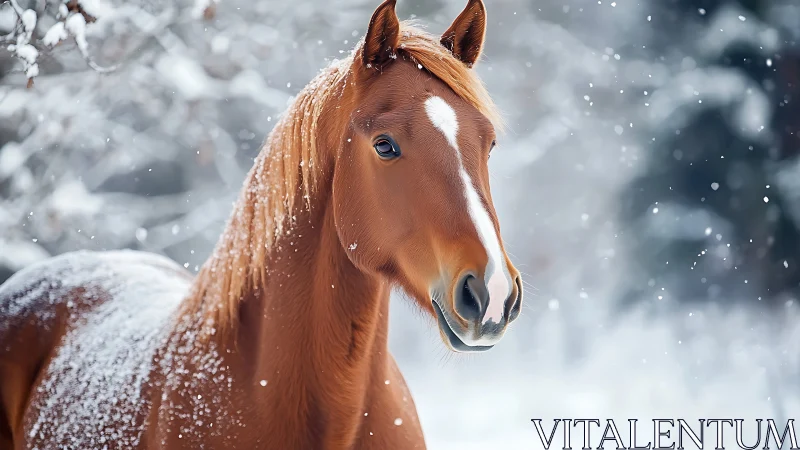 Chestnut horse portrait in softly falling winter snowfall.