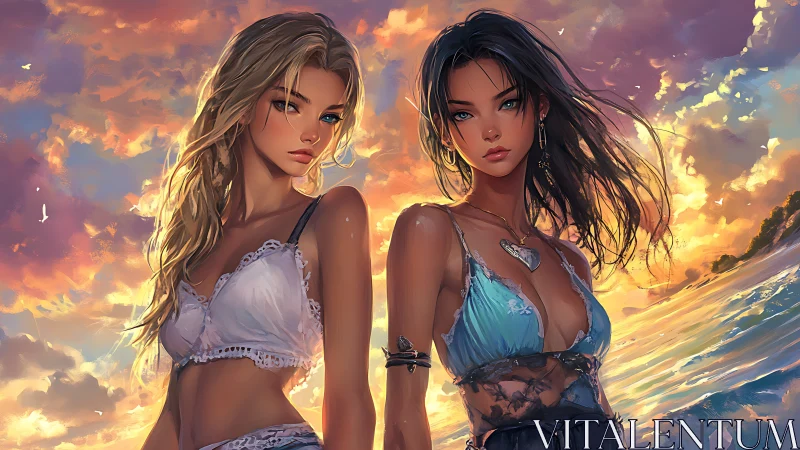 Sunset shoreline duo in luminous anime portrait composition.