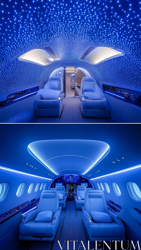 Futuristic private jet cabin with immersive blue LED lighting.