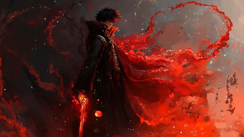 Volumetric bloodcloak warrior in high-energy digital vortex.