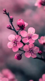 Pink flowering branch displays shallow depth macro with botanical subject matter