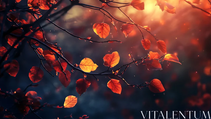 Backlit autumn leaves on branches in shallow focus scene.