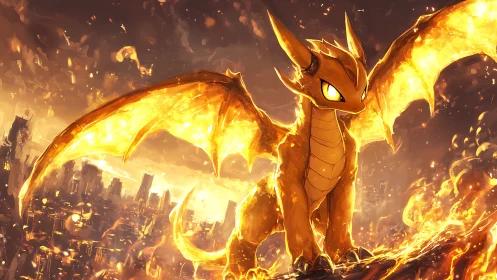 Fiery dragon creature stands over glowing ruined cityscape